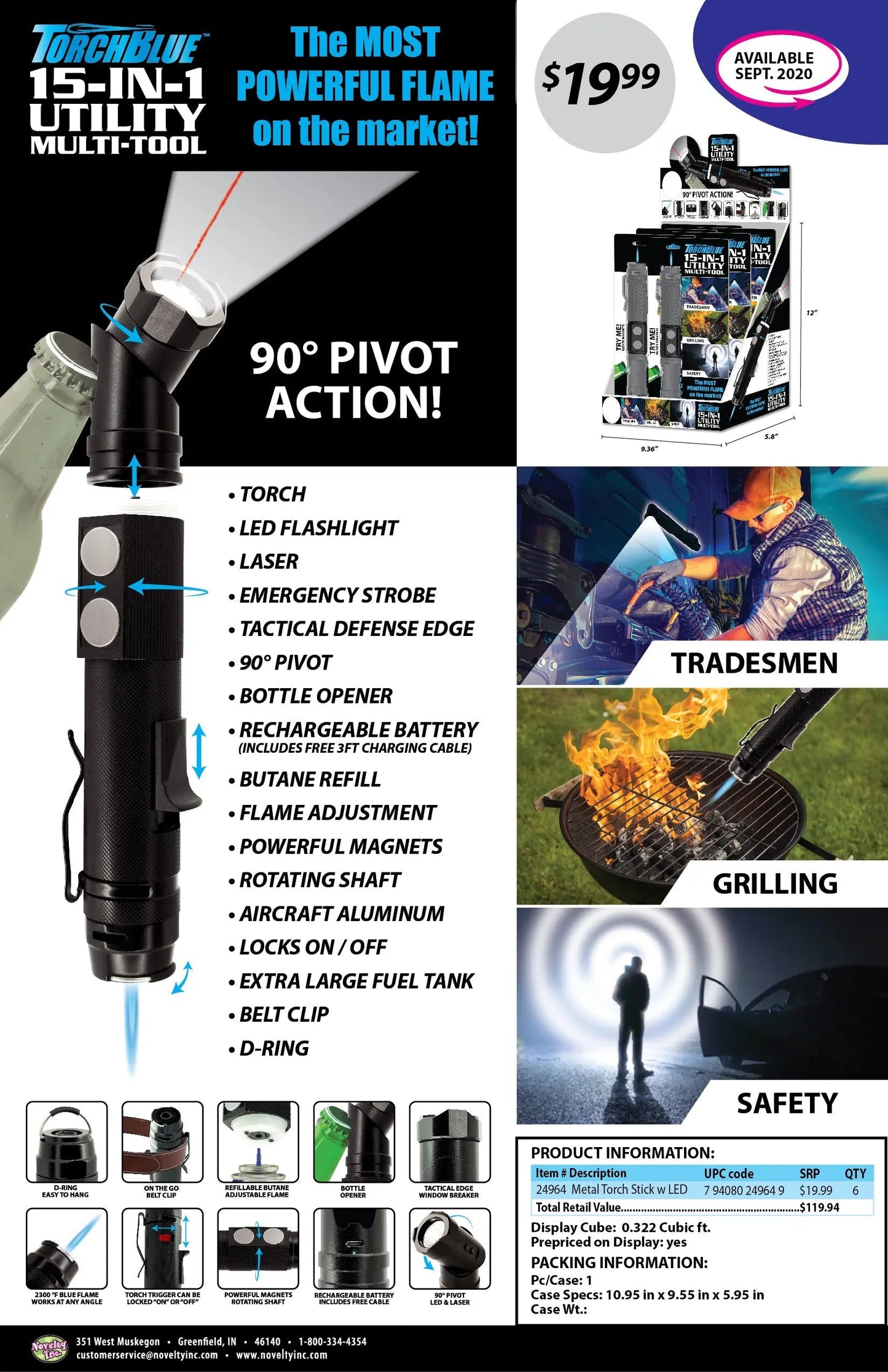 Metal Multi-Tool Torch Stick Lighter with LED Light - 6 Pieces Per Retail Ready Display 24964 TORCH BLUE