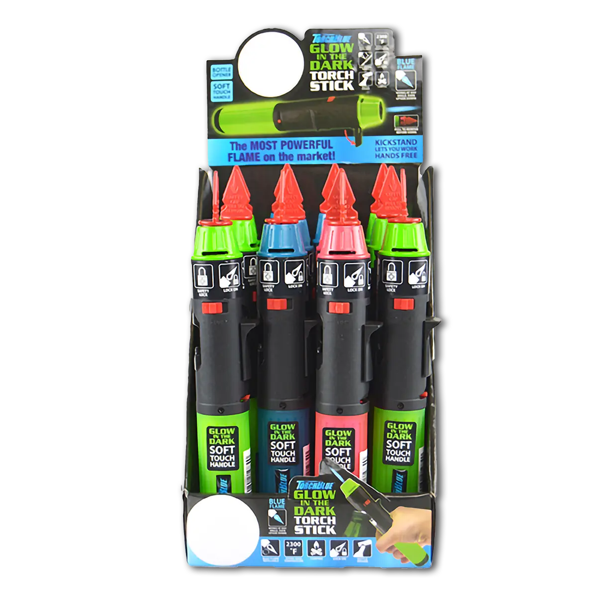 Glow in The Dark Torch Stick Lighter with Bottle Opener - 12 Pieces Per Retail Ready Display 21984 TORCH BLUE