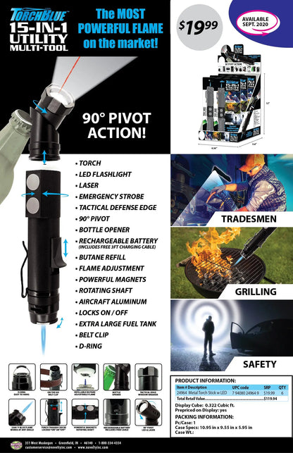Metal Multi-Tool Torch Stick Lighter with LED Light - 6 Pieces Per Retail Ready Display 24964 TORCH BLUE