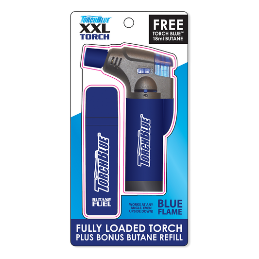 XXL Torch Lighter with Bonus Butane Refill Blister 2-Pack Sets - 6 Sets Per Display 26244 TORCH BLUE