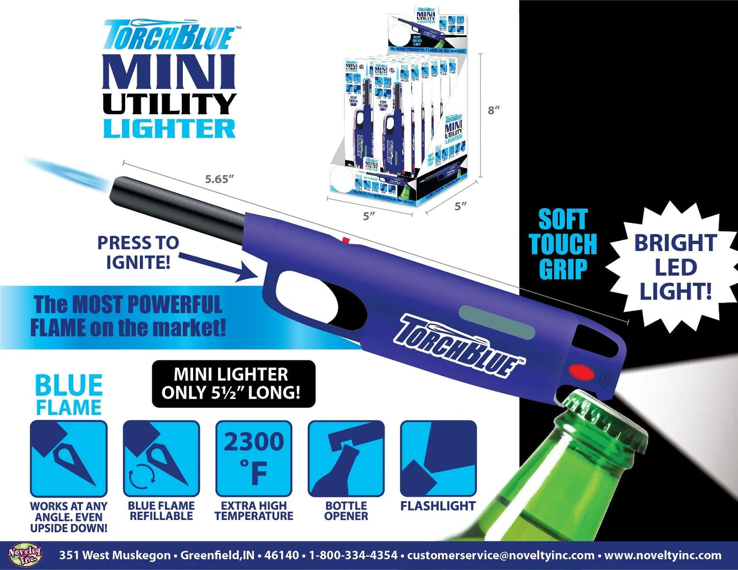 Mini Utility Torch Stick Lighter with LED Light - 12 Pieces Per Retail Ready Display 26327 TORCH BLUE