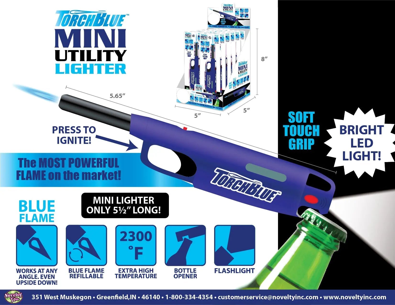 Mini Utility Torch Stick Lighter with LED Light - 12 Pieces Per Retail Ready Display 26327 TORCH BLUE