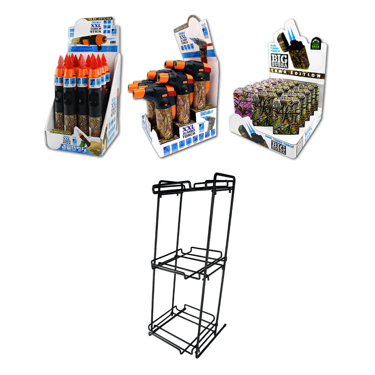Camo Torch Tower Ð 3 Tier Metal Countertop Assortment - 39 Pieces Per Retail Ready Display 88671 TORCH BLUE
