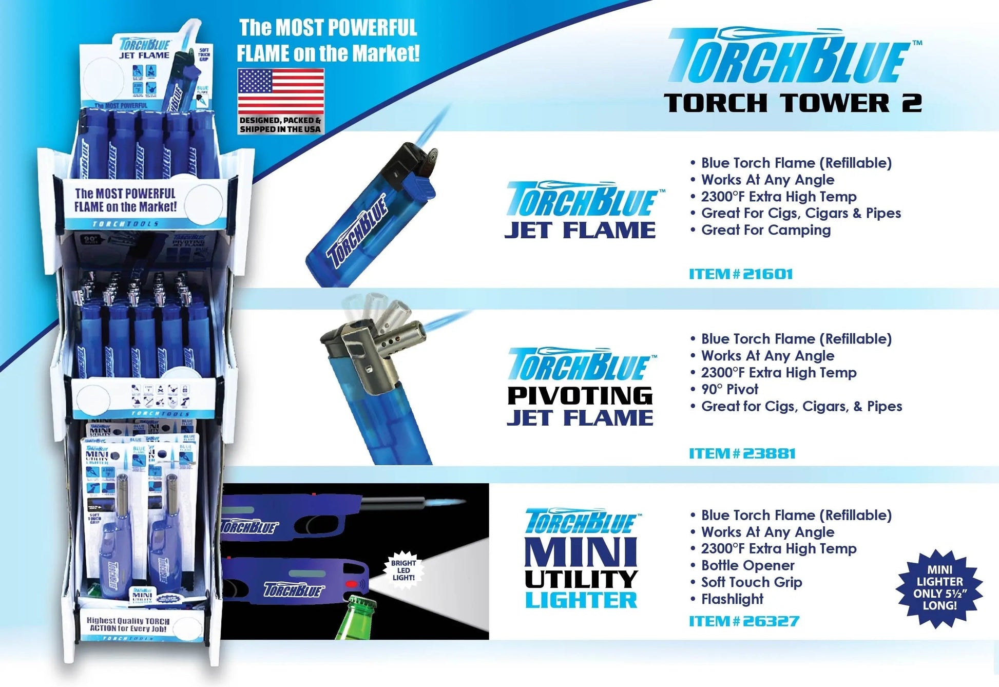 Torch Tower 2 - 3 Tier Countertop Assortment - 62 Pieces Per Retail Ready Display 88675 TORCH BLUE