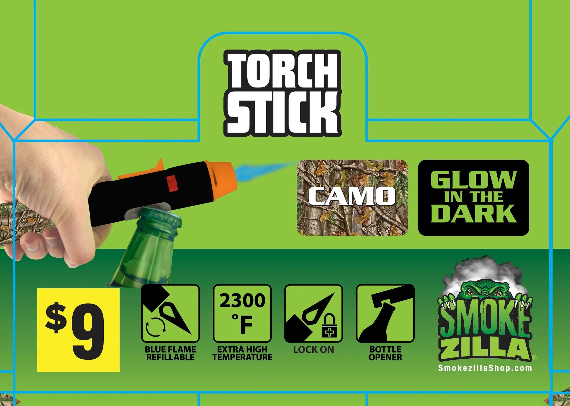 Glow in The Dark and Camo Torch Stick Lighter Assortment - 8 Pieces Per Retail Ready Display 41423 TORCH BLUE