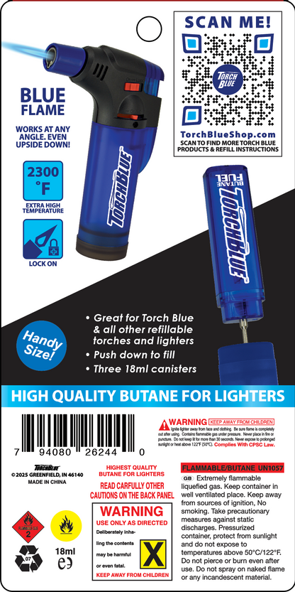 XXL Torch Lighter with Bonus Butane Refill Blister 2-Pack Sets - 6 Sets Per Display 26244 TORCH BLUE